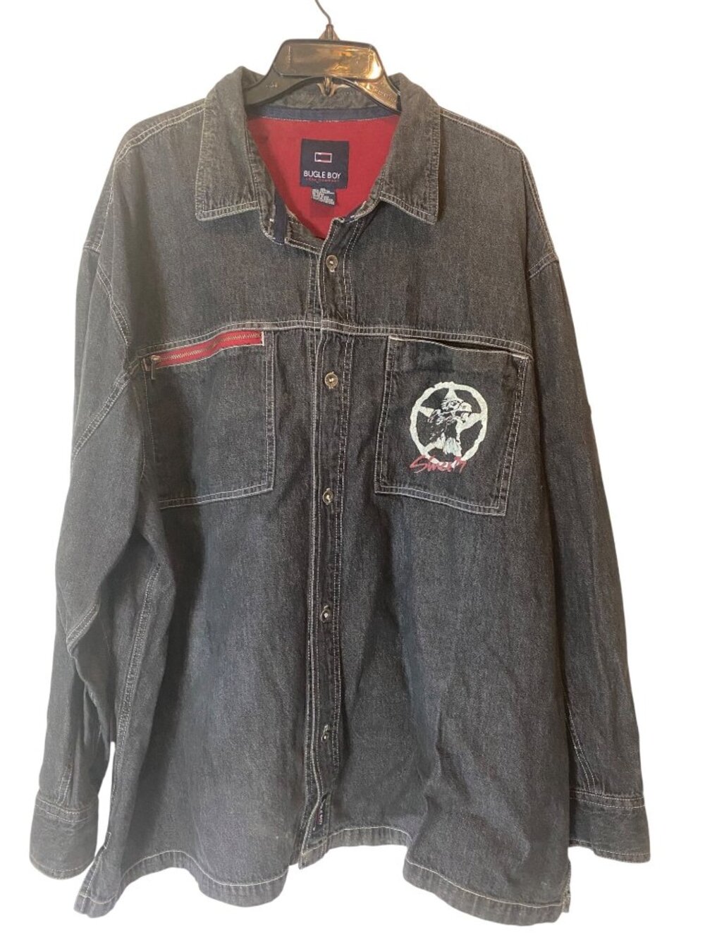 Vintage Y2K Bugle Boy Black Denim Button-Up Shirt Red Accents Graphic Patch 2XL